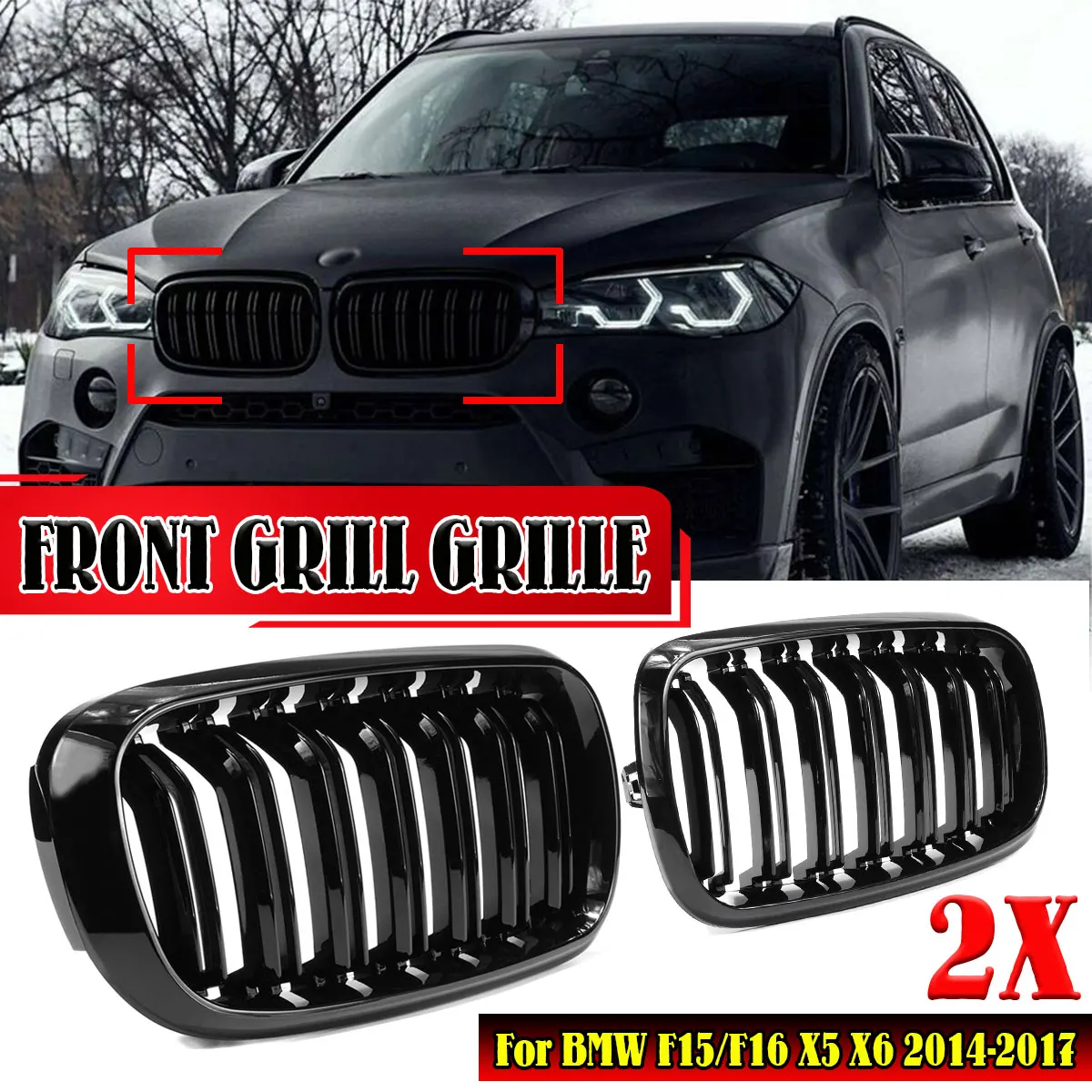 

Gloss Black Car Grille Grill Front Kidney 2 Line Double Slat For BMW X5 F15 X6 F16 X5M F85 X6M F86 2014-2018 Car Accessories