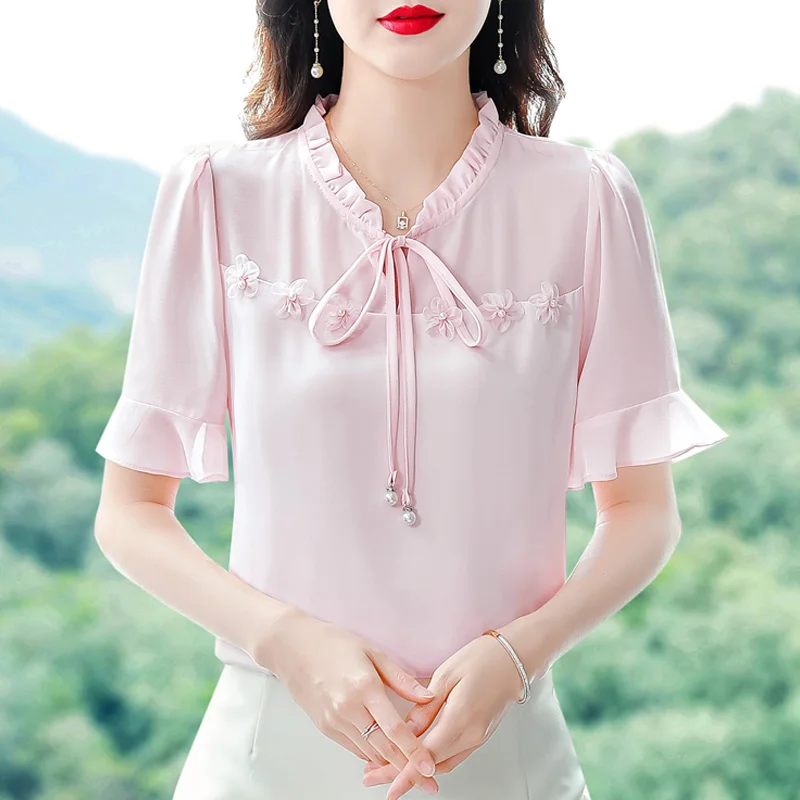 

Женская шелковая атласная блузка, однотонная блузка в Корейском стиле, лето 2023