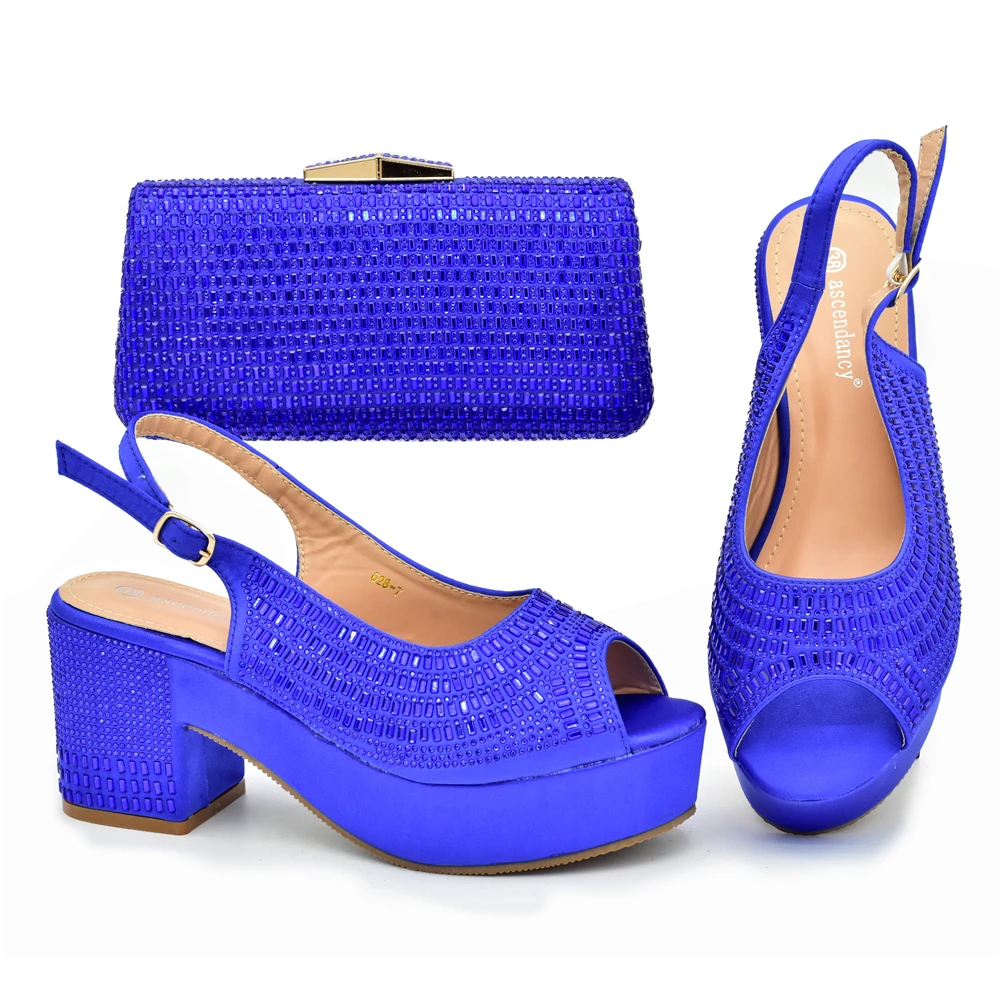 

2023 Latest Italian Design African Women Wedding Shoes Women Shoes and Bag Set In Blue Color for Party