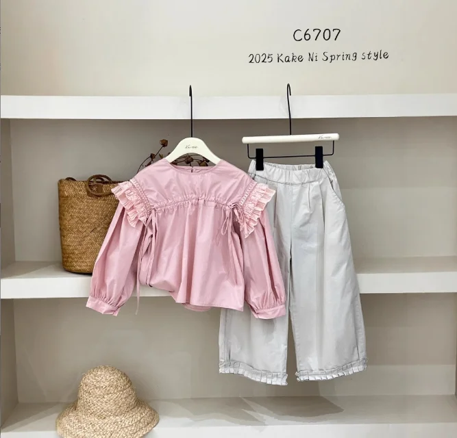 여아용 한국 스타일 러플 셔츠, 풀 슬리브 코튼 패션, 용수철 여아 블라우스, 4-9t G107, 2025