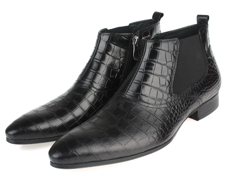Men Crocodile Grained Retro Chelsea Boots Genuine Leather Business Dress Shoes