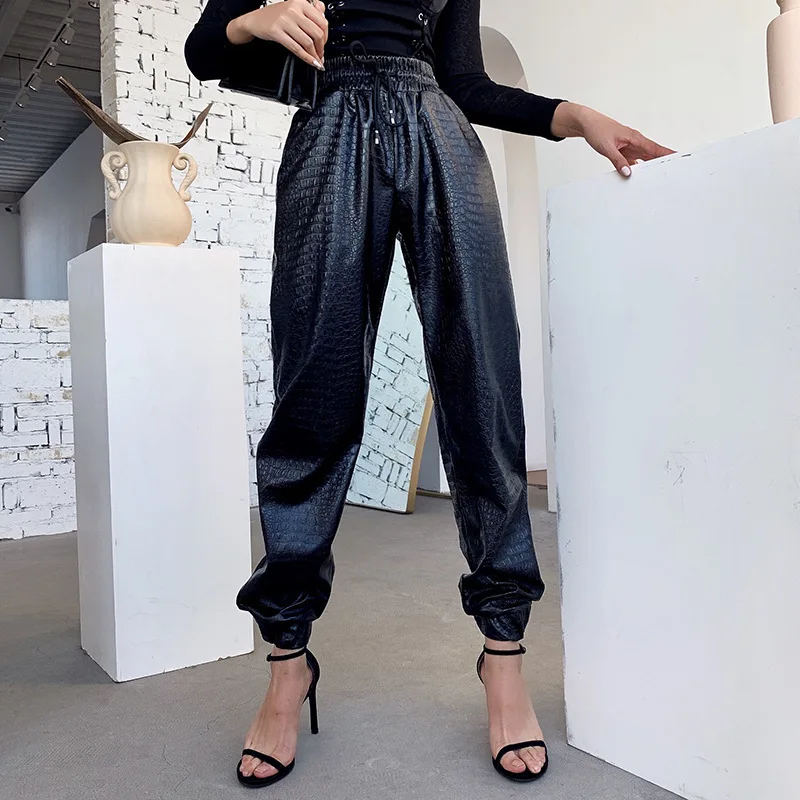 

Black Leather Cargo Pants High Waist Snakeskin Pattern Drawstring Joggers Tousers Solid Color Loose PU Sweatpants Harajuku Women