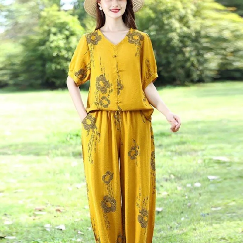 2024 New Women's Summer V-neck Button Print Style Casual Versatile Short Sleeve Loose Elastic Waist Cotton Hemp Pants Suit