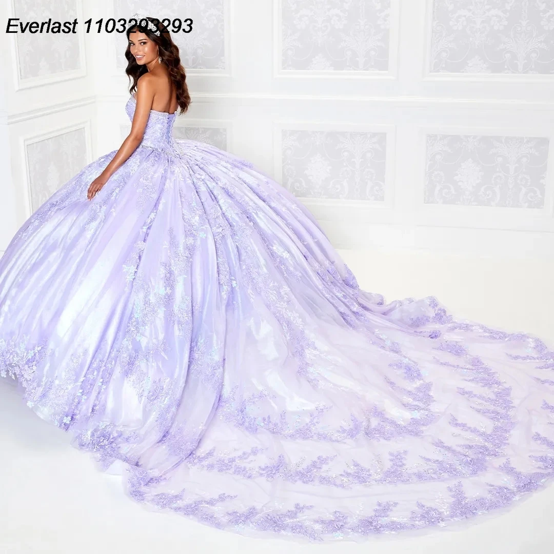 EVLAST Glitter Blue Quinceanera Dress Ball Gown Lace Applique Beading Crystals Corset Back Sweet 16 Vestido De 15 Anos TQD332