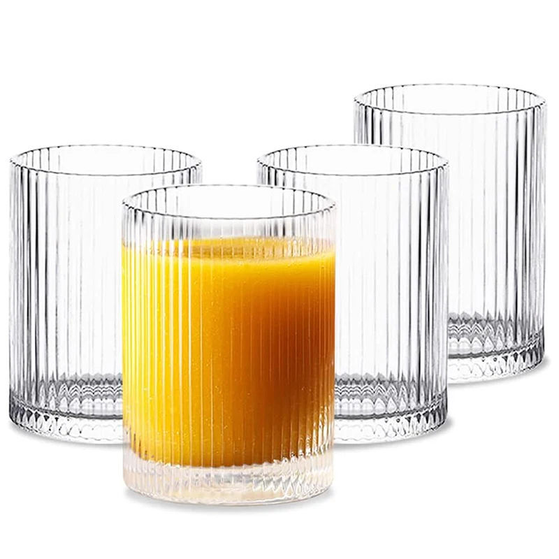 Glass Cups Vintage Glassware Set of 4 Transparent Cocktail Glasses Set, Bar Beverages Ice Coffee Cup Juice Ripple Drinkware