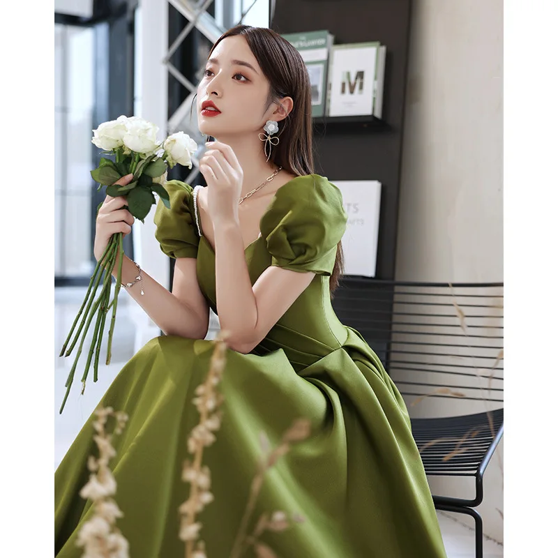 

Green Satin Evening Dress Women V-neck Bubble Short Sleeve Beaded Cocktail Dresses Elegant Classic Pleated Prom Gown
