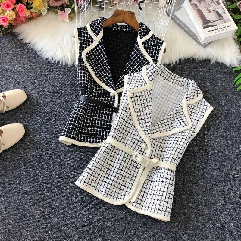 

Vintage Plaid Tweed Cropped Vest Jacket Women Elegant Turndown Collar Pearl Button Waistcoat Casual Belt Sleeveless Outwear Tops