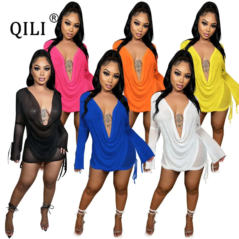 

QILI-Backless Deep V Neck Mini Dress, Sexy See-through Mesh Dress, Night Club Dress, Wrap Short Stretch Dress, Hot