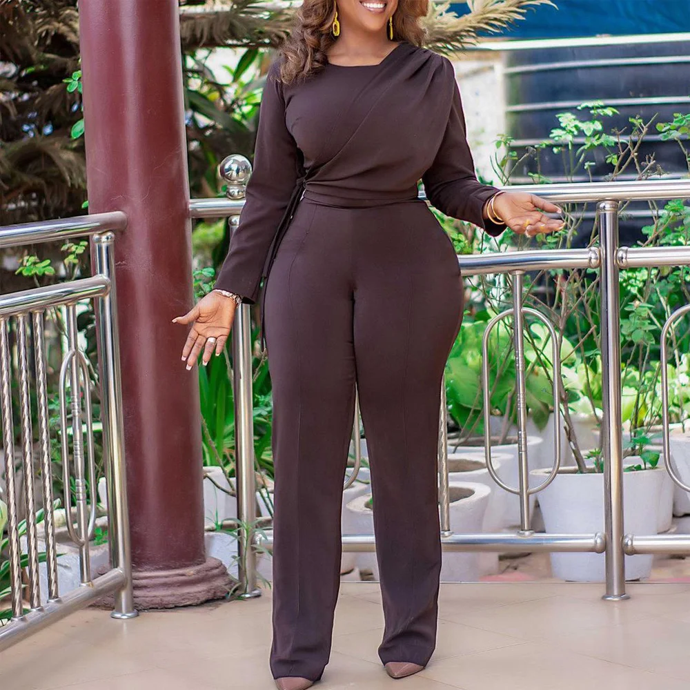 Elegant Jumpsuits & Rompers for Women Round Neck Full Sleeve Sashes Solid High Quality Luxury Female Birthday Party Dinner Cloth