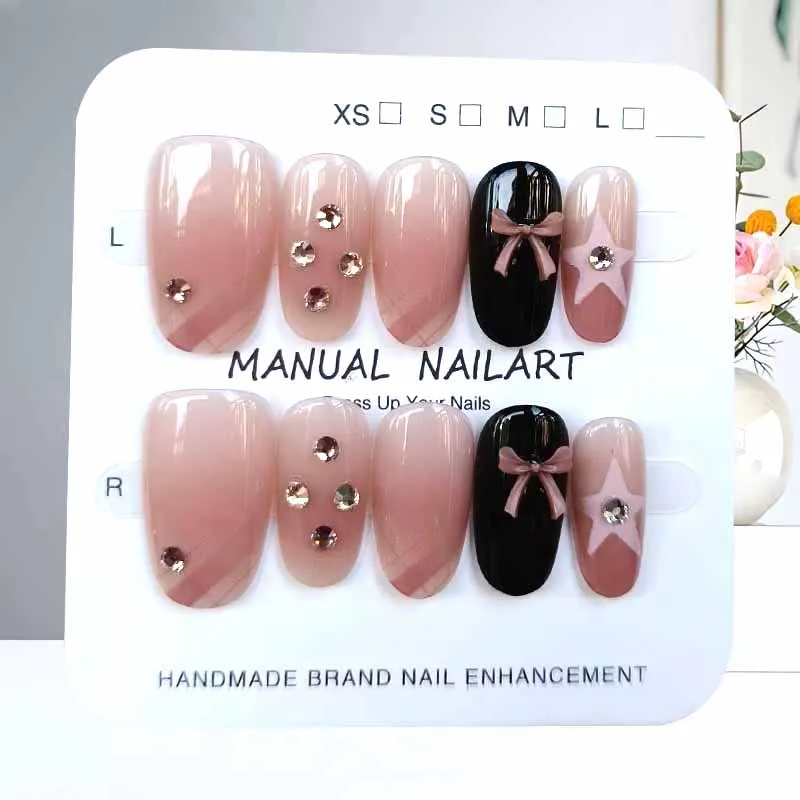 French Plaid Bean Paste Pink Powder Butterfly Bowknot with Diamond Press On Nails Korean Style Girl Nail Patch Fake Nails 10Pcs