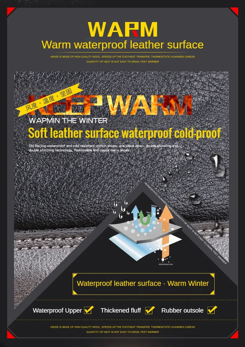 Winter New Waterproof and Snow Proof Men's Snow Boots Old Beijing Cotton Shoes Plush and Thickened Warm Cotton Shoes39-44