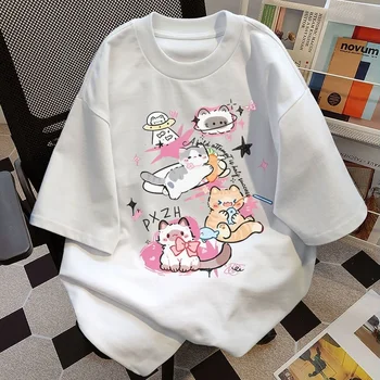 Summer's New Cute Cat Round-neck Short-sleeved Versatile Couple Pure Loose Top Printed Casual T-shirt graphic t shirts women top 1