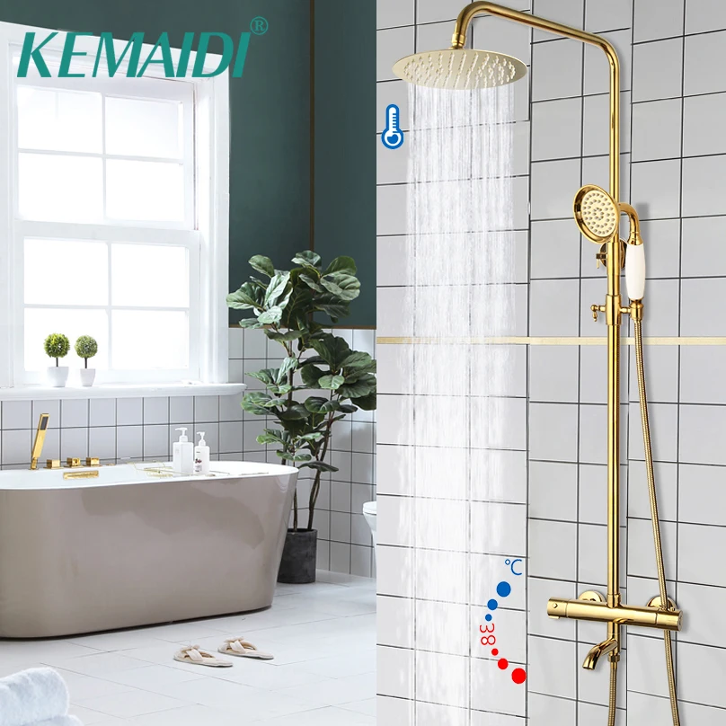 Kemaidi Bagno Termostatico Vasca Da Bagno Rubinetto Doccia Placcato Oro Pioggia 3 Vie Soffione Doccia Miscelatore Rubinetti Doccia Set