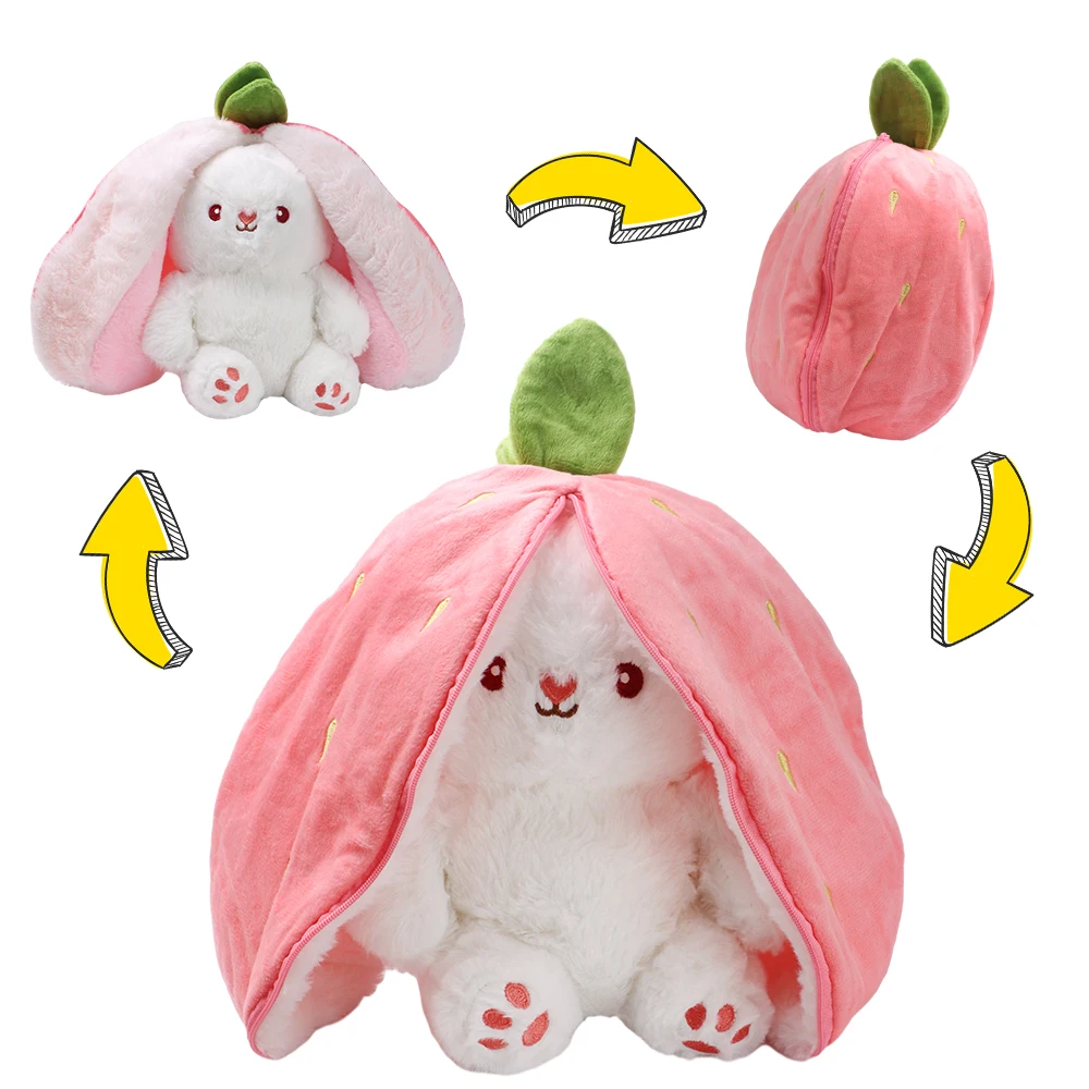 7.2-10inch Cute Bunny Stuffed Doll Animal Reversible Strawberry Carrot Bunny Transform Rabbit Plush Toy Zipper Birthday Gift 2 in 1 plush card cover cartoon photocard holder soft zipper coin bag transparent earphone pouch animal series keyring pendant