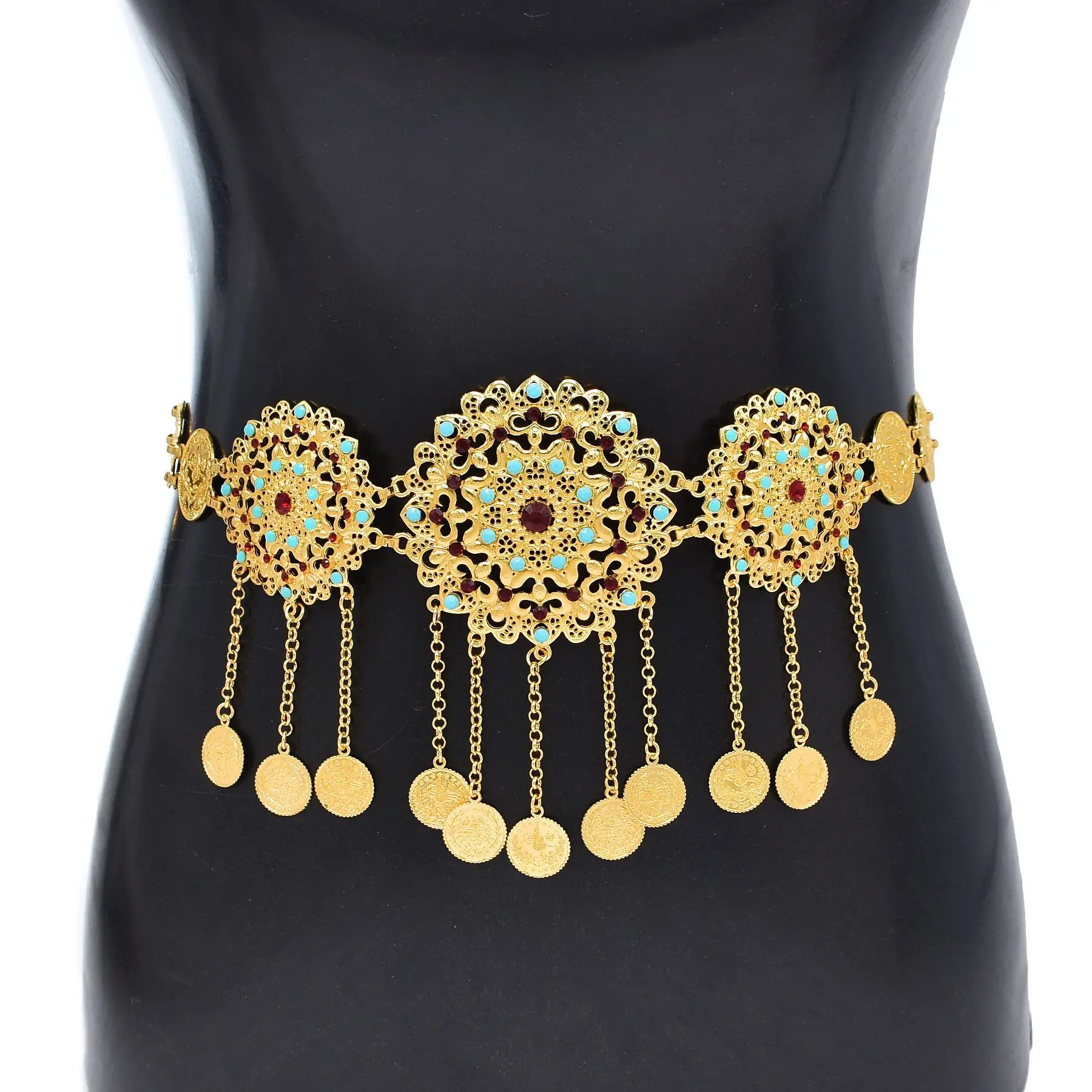 Retro Bohemian Round Carved Flower Coins Tassel Waist Belly Chains Summer Beach Dance Gold Metal Belt Afghan Indian Body Jewelry