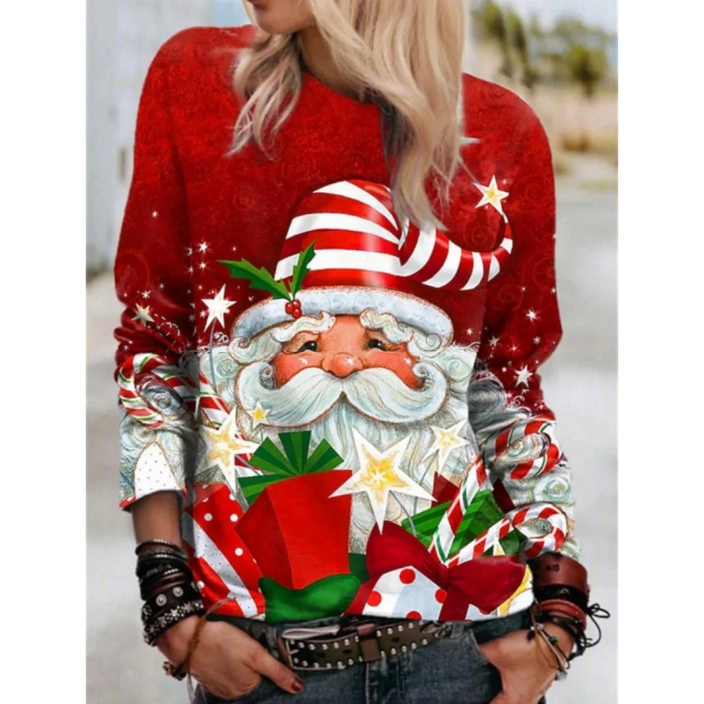 

Cartoon Christmas Deer Women Fashion T-Shirts Long Sleeve Autumn Winter Street Hip Hop Pullovers Tops Round-Neck Christmas Tees
