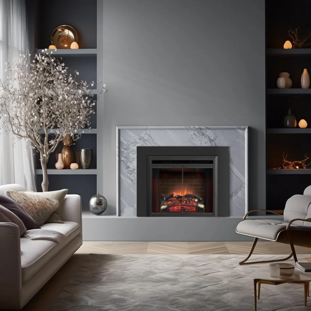 Klaus 26&rdquo; Electric Fireplace Insert with Trim Kit, Fire Crackling Sound, Resin Log, Glass Door and Mesh Screen, 750/15