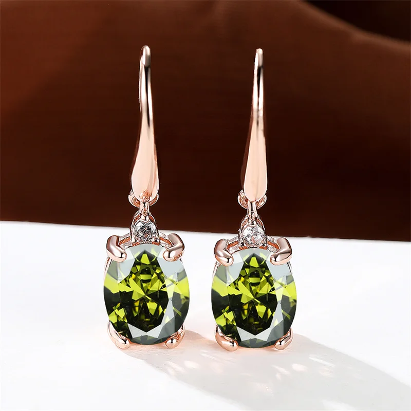 Female Crystal Green Red Oval Stone Zircon Earring Rose Gold Color Long Dangle Wedding Jewelry For Women