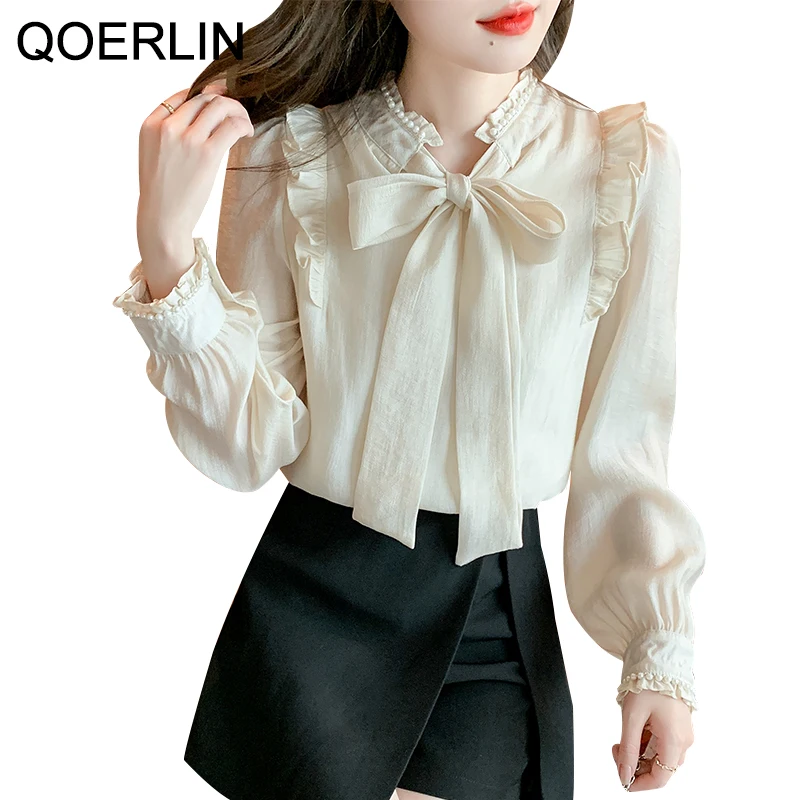 

QOERLIN French Temperament Chiffon Top Women's 2022 New Bow Long Sleeve Shirt Pearl Beading Blouse Office Workwear