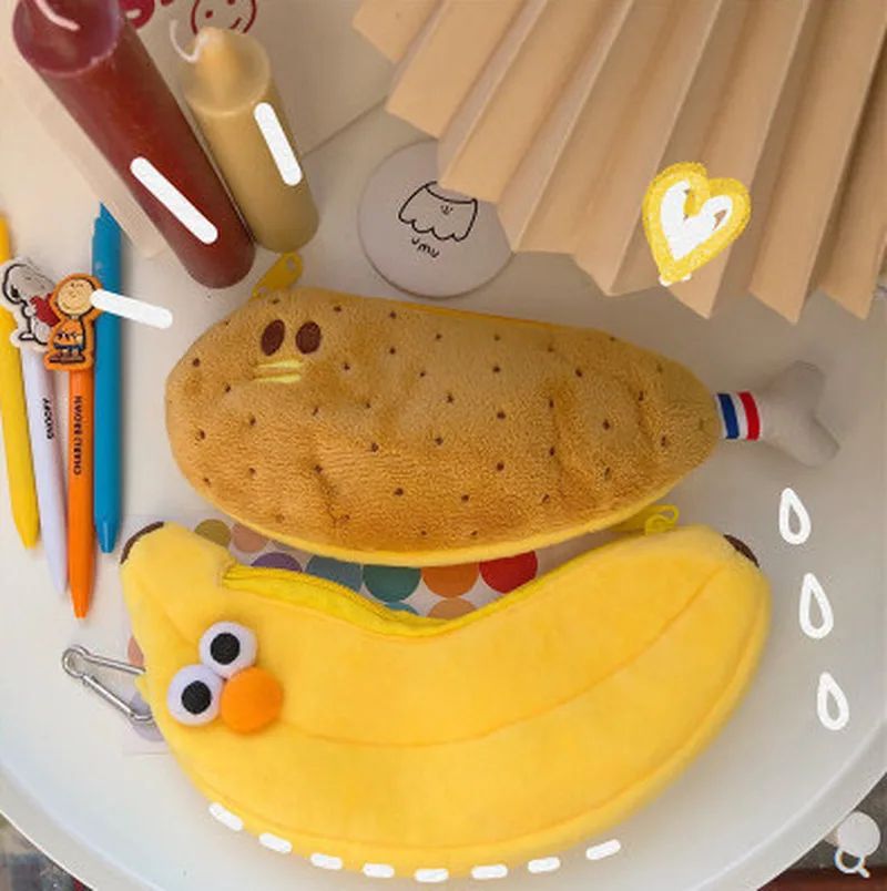 귀여운 닭 다리 바나나 봉제 연필 케이스, 간단한 학생 대용량 연필 파우치, 문구류, 창의적인 선물, 한국 가방