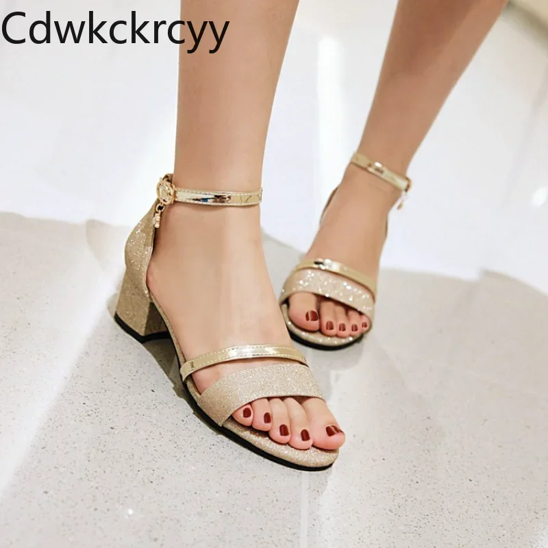 

summer new pattern fashion Fish beak Exposed toe high-heeled women's sandals Solid Sequin cloth sexy Square heel women sandals