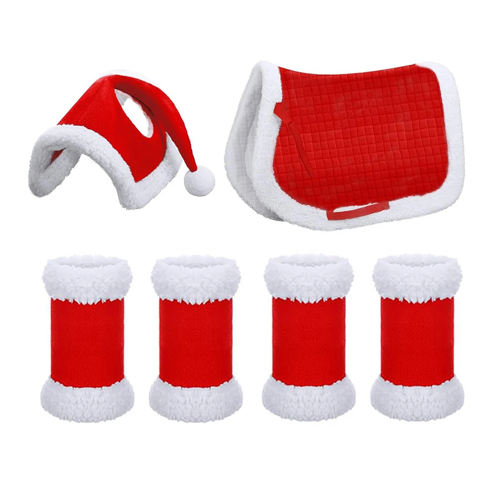 6pcs Horse Christmas Santa Hat Holiday Decor Multi-Purpose Santa Hat Leg Wraps Western Saddle Pad for Horses Parade Family Party