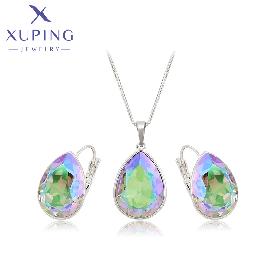 Xuping Jewelry Fashion Charm Platinum Color Earring and Necklace Water Drop Shaped Crystal Jewelry Set for Women Gift A00300922