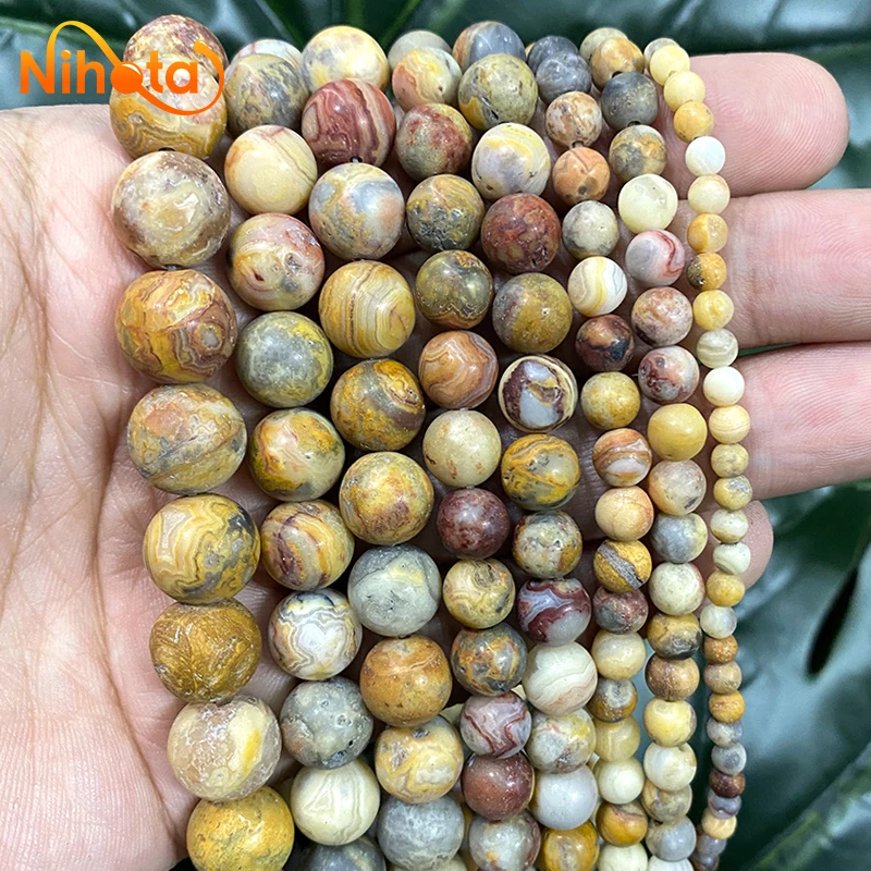 

4/6/8/10/12mm Natural Stone Matte Yellow Crazy Lace Agates Loose Beads DIY Charm Chains Bracelets Rings for Jewelry Making 15"