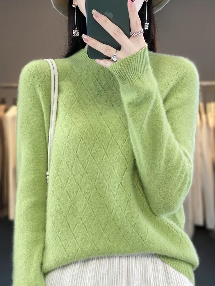 Women Autumn Winter Pullovers 100% Merino Wool Sweater Mock Neck Hollow Long Sleeves Casual Cashmere Knitwer Korean Fashion Tops