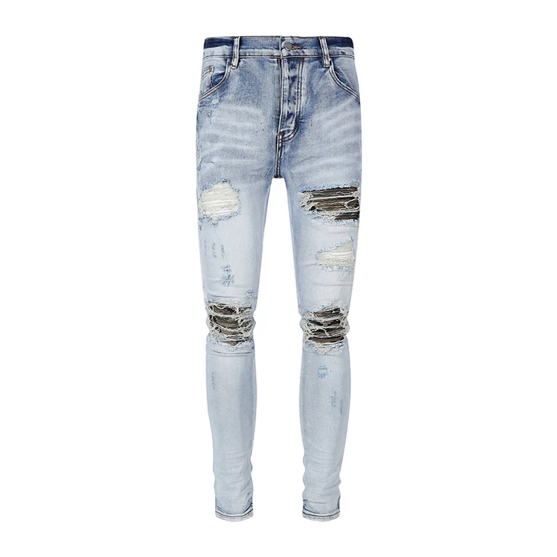 High Street Fashion Men Jeans Retro Light Blue Stretch Skinny Fit Buttons Ripped Jeans Men Patched Designer Hip Hop Brand Pants