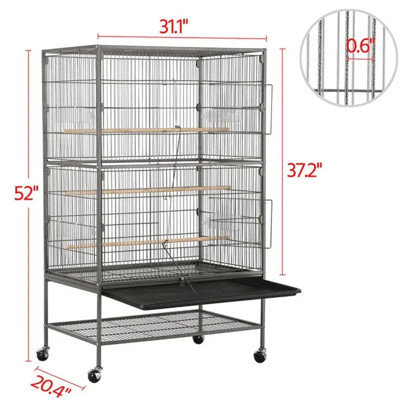 Metal 52" Large Rolling Bird Cage with 3 Perches and 4 Feeders, 3