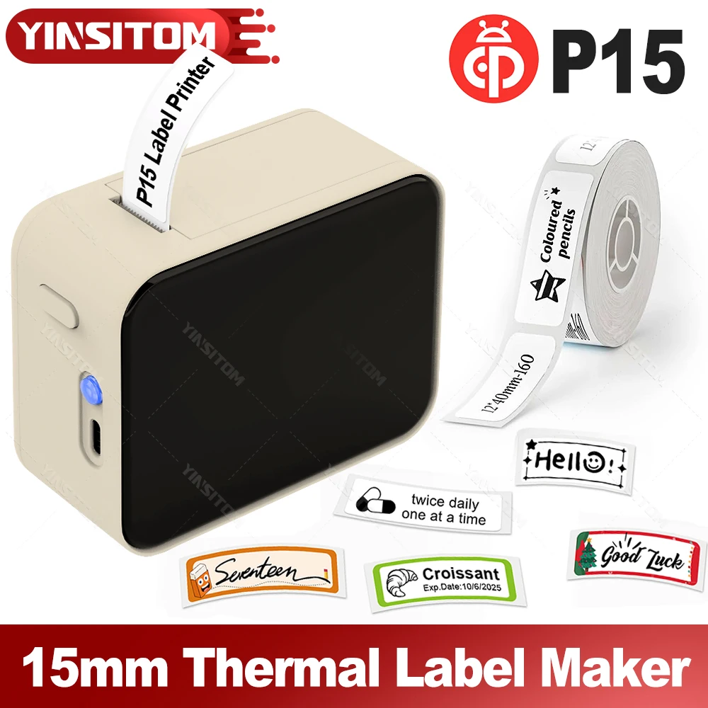 Label Printer 12-15mm Inkless Thermal Self Adhesive Sticker Labeling Machine Mini Portable Bluetooth P15 Maker with 12*40mm Roll
