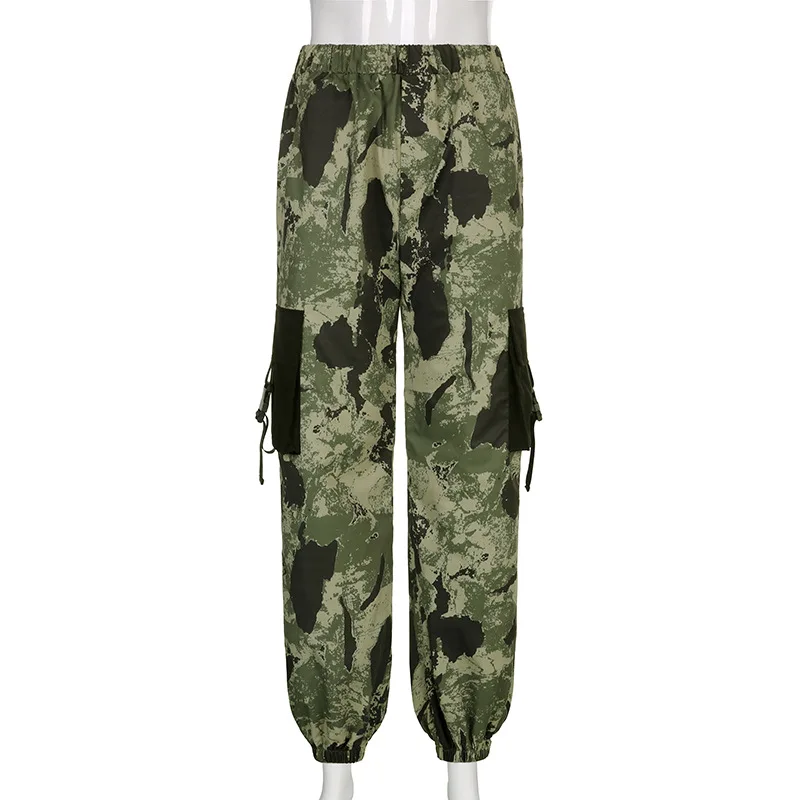 Contrast Pocket Camouflage Baggy Cargo Pants Women Streetwear Elastic High Waist Casual Vintage Trousers Korean Fashion ladies cropped trousers