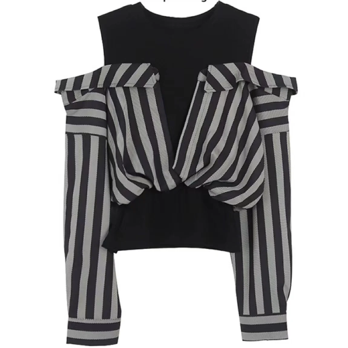 

2023 Autumn Striped Pullover Shirts For Women Round Neck Long Sleeve Off Shoulder Hit Color Folds Loose Patchwork Blouse Female