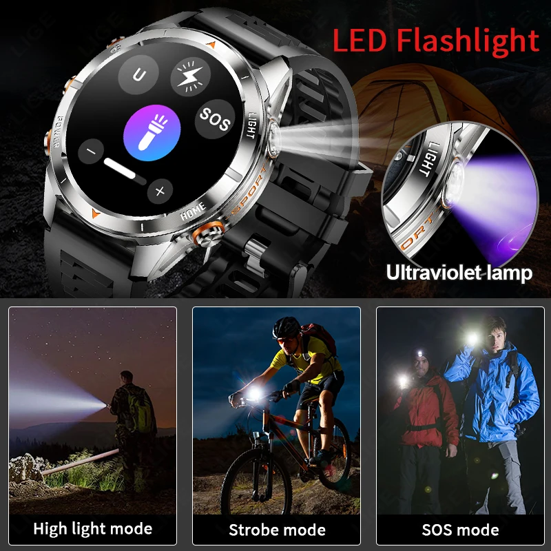 LIGE New Men Smartwatch Military 515mAh Battery Flashlight UV Lamp Heart Rate Health Monitor BT Call Smart Watch For Android IOS