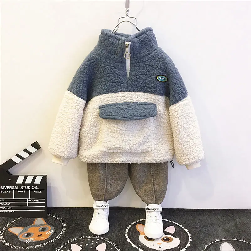 

Children Warm Sweatshirts Autumn Winter Kids Thickened Pullover Boys Girls Solid Zipper Long-Sleeved Top Baby Lambswool Clothing
