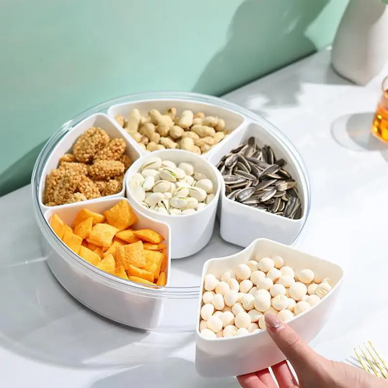 Durable 5 Compartment Plastic Food Storage Organizer Candy and Nut Serving  Container Appetizer Tray with Lid Divided Camping Snack Plate Dish Platter