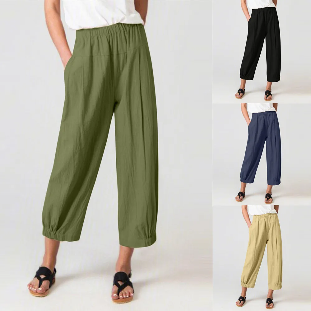 TrendMonochrome Loose Harem , High Waist, Cotton Linen, Wide Leg Pants, Home Leisure, Spring And Summer