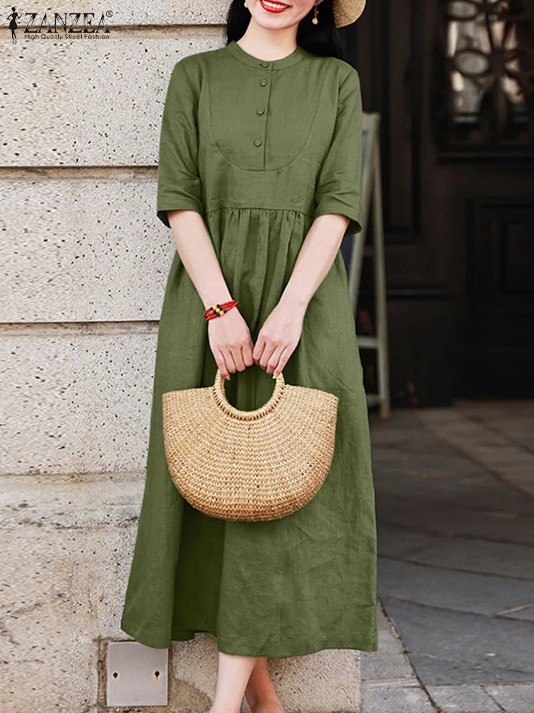 

ZANZEA Women Vintage O Neck Half Sleeve Solid Loose Vestido Autumn Mid-calf Dress Robe Femme Elegant A-line Party Sundress 2023
