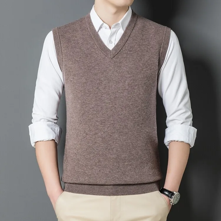 Men's 100% Wool Vest 2024 Autumn Spring Pure Wool Waistcoat Casual V-Neck Sleevelesss Sweater Thicken Knit Vests