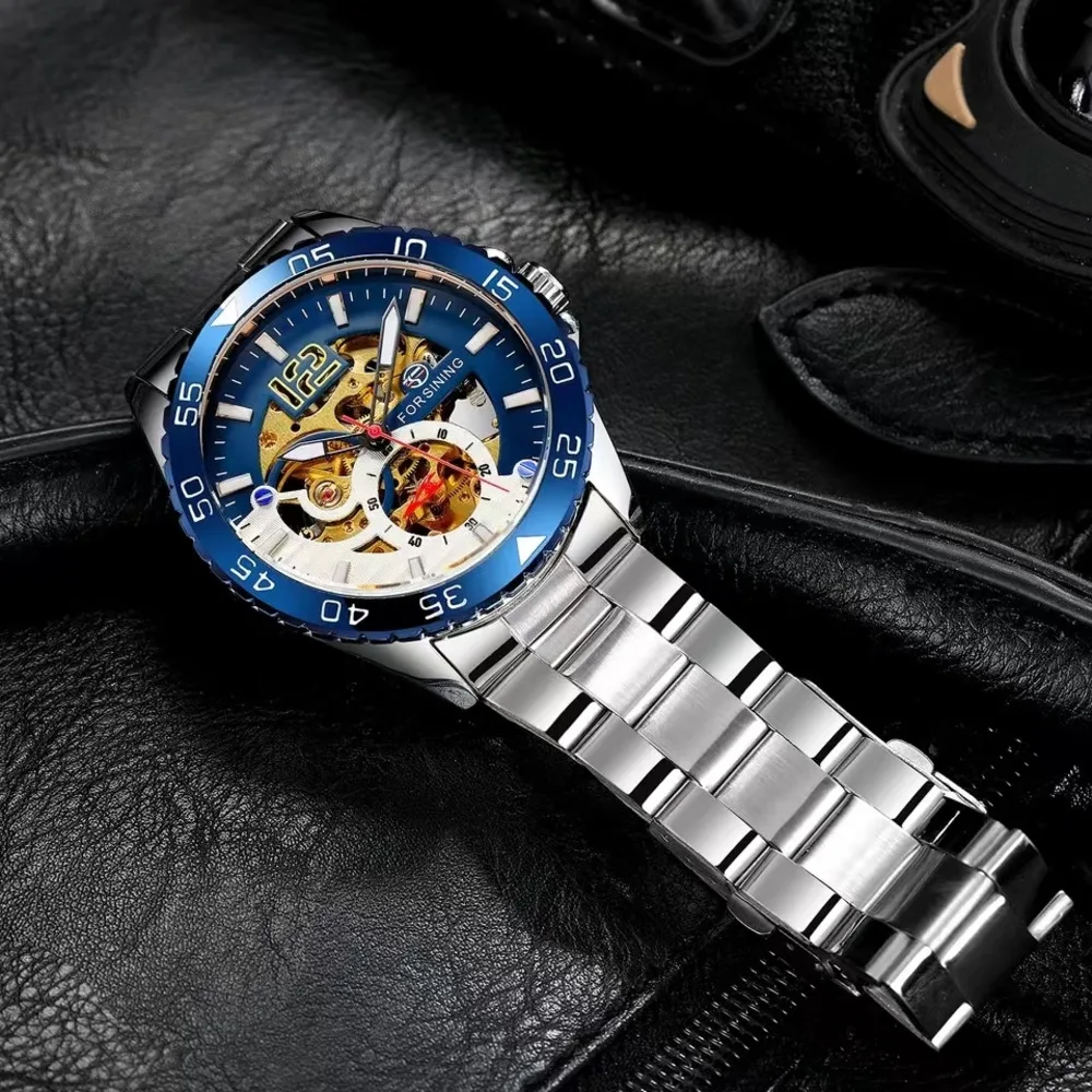 FORSINING Watch For Men Automatic Mechanical Watch Hollowed Out Luminous Waterproof Clock Stainless Steel Men Watch Montre Homme