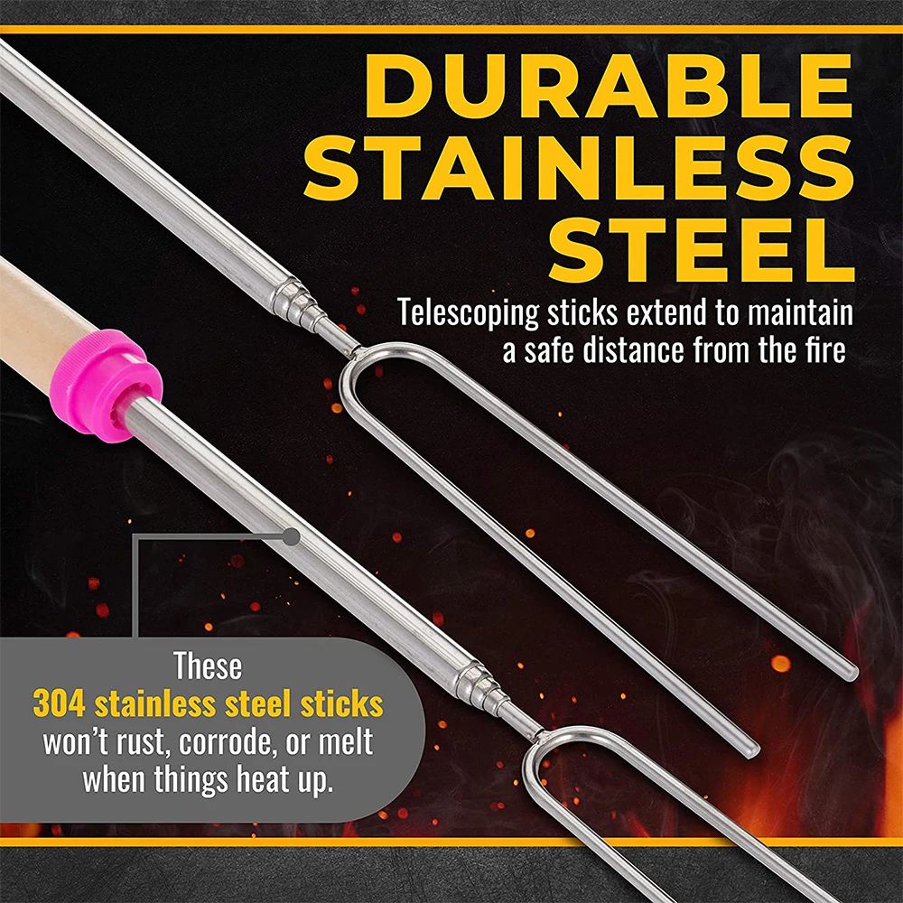 8 pcs Barbecue Skewers Extendable Marshmallow Roasting Sticks Stainless Steel BBQ Telescoping Smores Skewers KC0467