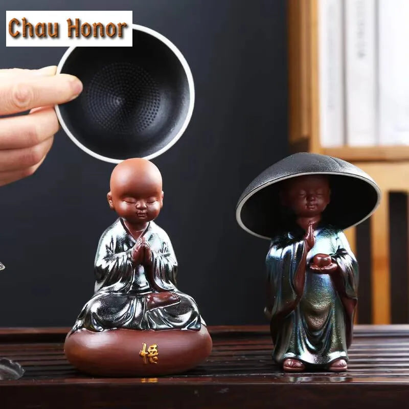Handmade Buddha Tea Pet Purple Sand Buddha With Filter Kung Fu Tea Set Monk Tea Infuser Hat Tea Tray Censer Decor Accessories