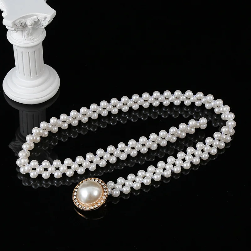

Pearl Waist Chain Womens Large Pearl Elastic Belt Skirt Dress Clothing Waist Decor Beaded Belt Round Button Buckle