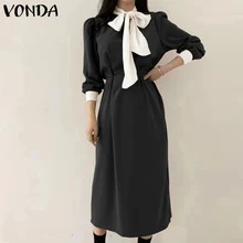 

Spring Winter Bow-knot Neckline Basic Dress VONDA Women Long Sleeve High Waist Dresses Vintage Midi Vestido Patchwork Color Robe