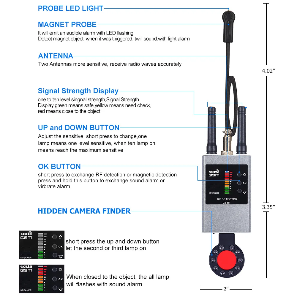 

Professional Wireless RF Signal Detector Bug GSM GPS Tracker Mini Camera Finder Camera IR Scanning AI Standby Automatic Detects