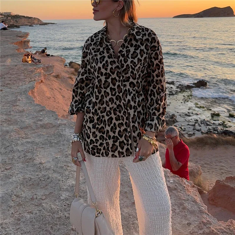 

Женский винтажный костюм-рубашка с леопардовым принтом, свободная однобортная рубашка в стиле High Street, мягкие комплекты для девушек, весна 2024