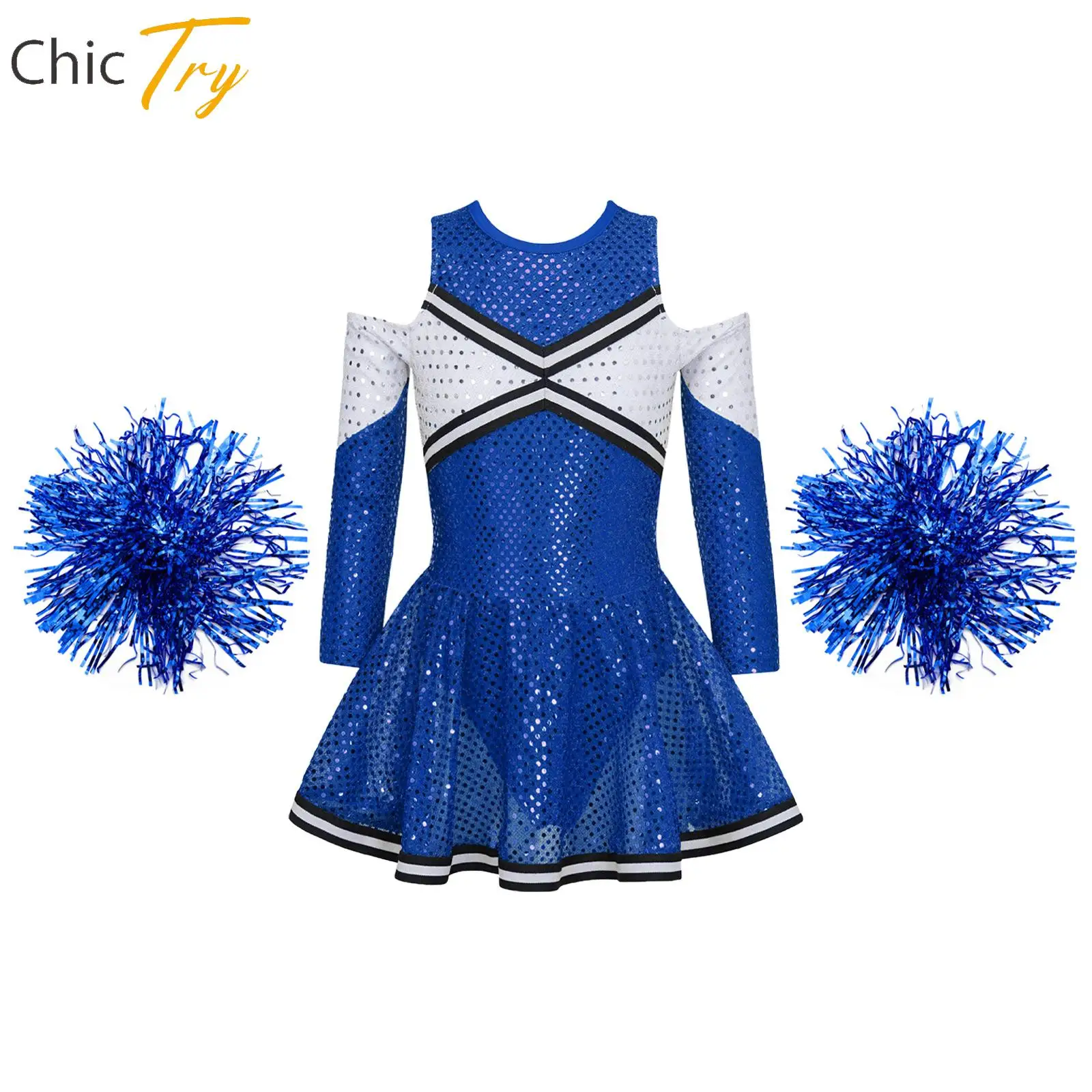 

Kids Girls Cheerleading Set Round Neck Cutout Back Sequin Leotard Dress with 2Pcs Flower Balls for Dance Performance Competition