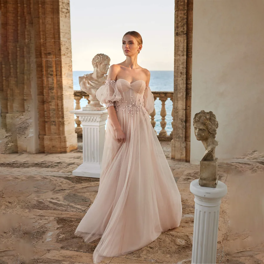 

Нежное Плиссированное свадебное платье из фатина с короткими рукавами и драматическим блёстками