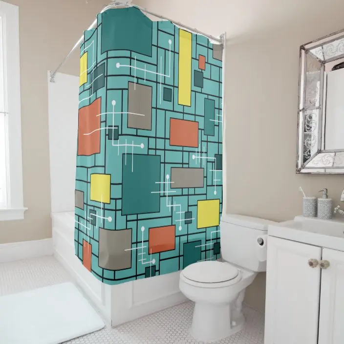 Mid Century Atomic Age Lines, Starburst, Abstract Art Shower Curtains Bathroom Curtains Bathroom Curtains With Hooks Home Decor 3
